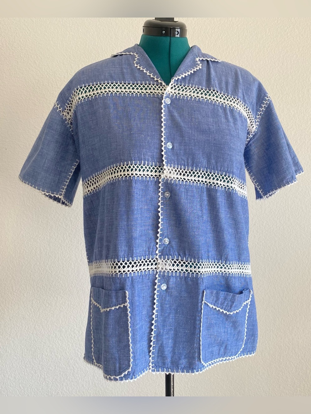 Vintage chambray button down shirt with crochet trim